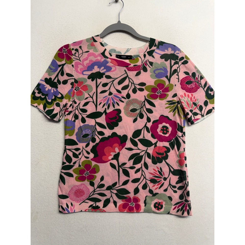 IVKO Woman Floral Knit Pullover Top Pink Cotton Short Sleeve Sweater 38 us S